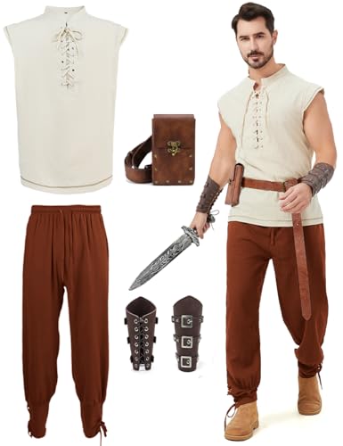 Dzorim Juego de ropa medieval renacentista para hombre, 6 piezas, disfraz medieval para hombre, vestido medieval con chaleco clásico, pantalones medievales, cinturón, accesorios