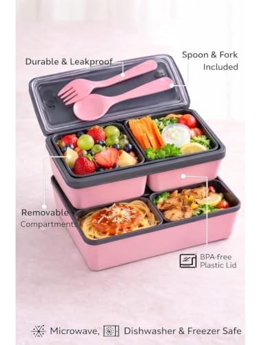 Image of 2 Layer Lunch Box with Spoon & Fork, Leakproof BPA Free Lunch Container, Microwave Safe Food Storage Box for Office, School & Travel