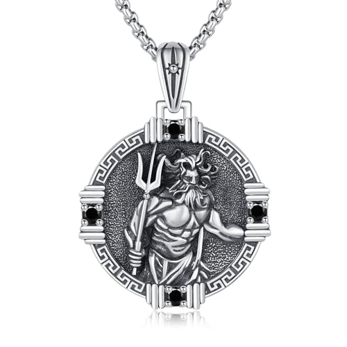 Poseidon Necklace for Men 925 Sterling Silver Poseidon Trident Pendant Necklace Amulet Medal Pendant Trident Protection Jewelry Gifts for Men Women