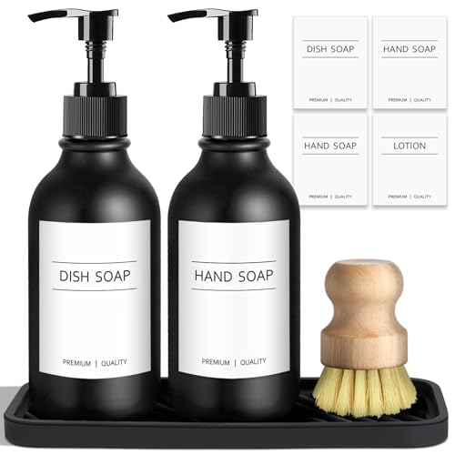 Black Dish Soap Dispenser Set with Tray & Brush