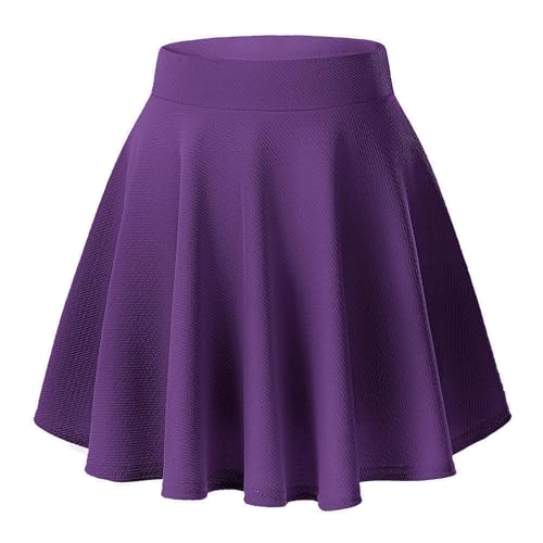 EXCHIC Mujeres Base Casual Cintura Elástica Bocina Mini Falda Elegante Línea A Tira hacia Arriba Patinaje Falda(S, Morado Oscuro)