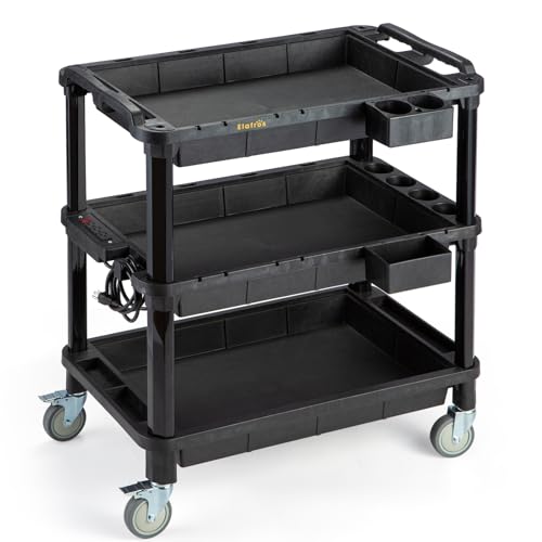 ELAFROS Multi-Use Rolling Cart with Power Strip – Industrial-Grade Plastic Utility Cart with 3 Deep Plastic Shelves, 500 lbs Capacity, 32.4"x18.3", Work cart, Black
