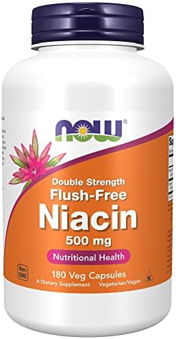 NOW Supplements, Niacin (Vitamin B-3) 500 mg, Flush-Free, Double Strength, Nutritional Health, 180 Veg Capsules