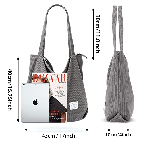 KALIDI Women Corduroy Tote Bag Zipper Casual Tote's Handbag Big Capacity Shoulder Bag with Pockets