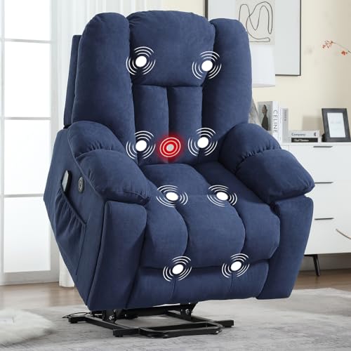 Image of CANMOV Power Lift Recliner Chair with Massage and Heat for Elderly, Overstuffed Wide Recliners, Heavy Duty and Safety Motion Reclining Mechanism with USB Ports, 2 Concealed Cup Holders, Navy Blue