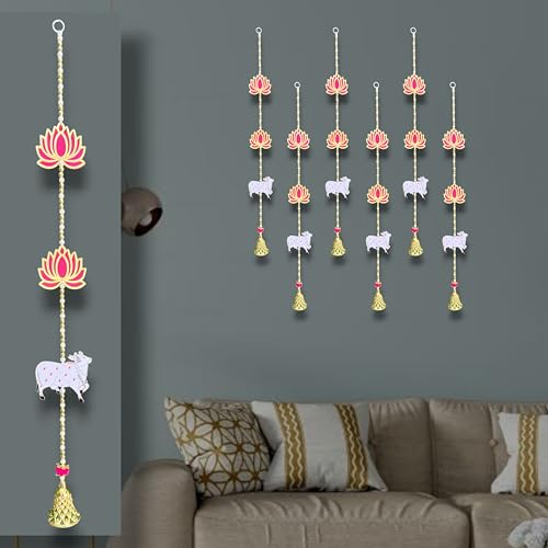 Image of Rajasthan Kraft Handmade Lotus Hanging, Pack of - 6, with Jali Bell, Beads, and MDF Cow, for Pom Pom, Size - 27 * 3 Inch, Perfect Used for - Home Decor, Festival & Wedding Decoration (36828-6)
