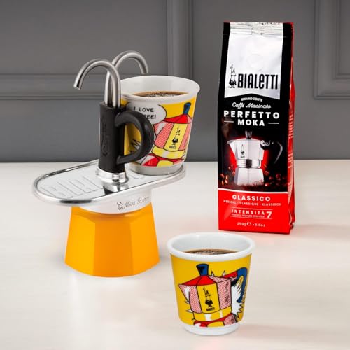 Image of Bialetti Mini Express Lichtenstein, Coffee Maker 2-Cup + 2 shot glasses, Aluminum