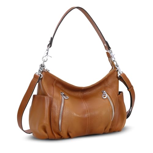 Image of HESHE Leather Crossbody Bags for Women Hobo Shoulder Bag Satchel Handbags | Genine Leather,2 Removable Straps,Multiple Zippers Pockets Hobo Bags Designer Travel Pocketbook Ladies Daily Work Tote Bag