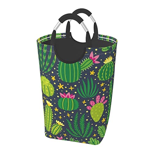 サボテン 柄 ランドリーバスケット 洗濯ボックス 収納バッグ 大容量 折り畳み式 持ち運び 撥水 ハンドル付き 軽量 省スペース おしゃれ 適した ホテル ユーティリティルーム トイレ キッチン(50l 32*28*57.5cm)