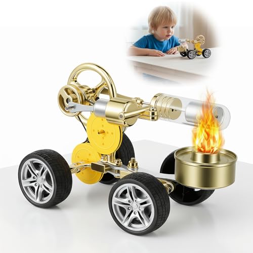 Hot Air Stirling Engine Car Model Single Cylinder Steam Engine Model Building Kits with Car Movement Steam Heat Power Generator Science Education Kit for Kids Birthday Christmas New Year Gift
