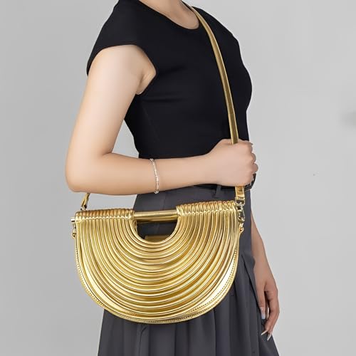 Image of Elegant Half Round Chinc Woven PU Leather Lou Top Handle Bag for Women Formal Evening Clutch Purses