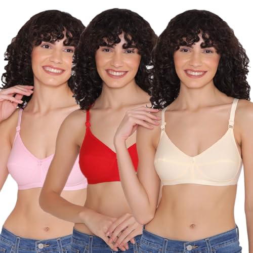 Image of INKURV Cotton Hosiery Bra for Women's Daily use, Full Coverage Bra for Regular wear, Non Padded, Non Wired Everyday Bra with Rich Cotton-Zoe Combo of 3