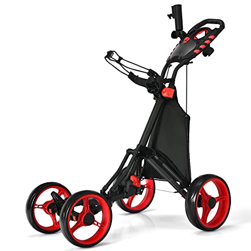 LIFEZEAL Chariot de Golf Léger à 4 Roues, Chariot de Golf Pliable avec Sac de Rangement, Frein à Pied et Poignée Réglable, 110 x 65 x 100 CM (Rouge)
