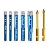 5 Stück Diamantbohrer Trocken Fliesenbohrer Set–5/6/8/10/12mm Feinsteinzeug bohrer, 2 dreieckige Bohrer mit Sechskantschaft (6mm/ 8mm), für Granit, Keramik, Marmor, Glasstein