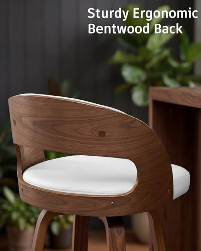 Image of AQG Swivel Bar stools Set of 1 Bar Chairs 26 inch Counter Height Mid-Century Modern Bentwood Barstool PU Leather Upholstered Bar Chair with Back and Footrest, for Bar, Cafe, Dining, Kitchen Island, White