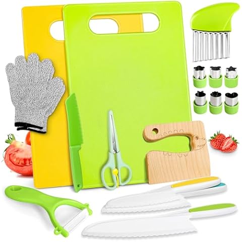 iAOVUEBY 18PCS Kids Knifes Set for Real Cooking, Wooden Toddler Knife 2PCS Cutting Board Kitchen Gloves Fruit Vegetable Crinkle Cutters Plastic Kid Safe Knives, Birthday Gifts for Girls & Boys Age 3-8 Cover