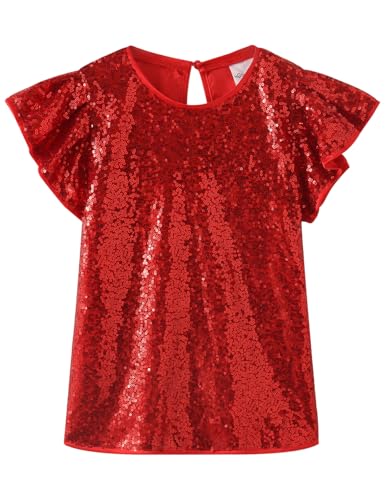 Image of Noomelfish Girls Short Sleeve Sequin Shirts Party Glitter Sparkly Tops Blouse (5-12 Years)