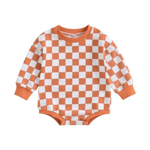 Baby Boy Girl Sweatshirt Romper Checkerboard Oversized Long Sleeve Bubble Onesie Bodysuit Newborn Checkered Outfit (Orange, 12-18 Months)