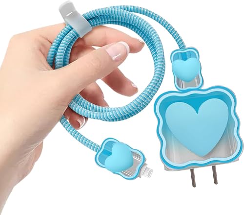 Image of INEFABLE Charger Case Cover Protector with 3D Cute Pattern for iPhone Charger only 18W & 20W, Data Charging Cable Wire Saver Protective Cable Cover Full Protection - Set Of 1 (Blue Heart)