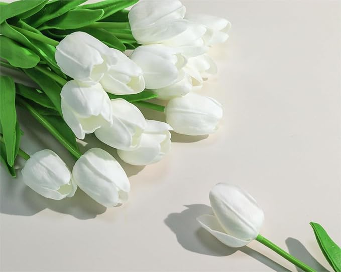 Image of Garden Art Artificial Tulip Flowers (Pack of 5) | Real Touch Silicone Single Stem Tulips for Home Decor, Living Room, Office, Vase & Wedding Decoration GAASTFB-1H-33W (White)