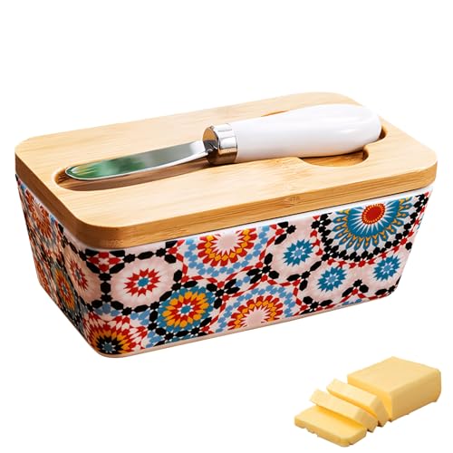 Butterdose Keramik mit Holzdeckel Dichtung und Buttermesser,...