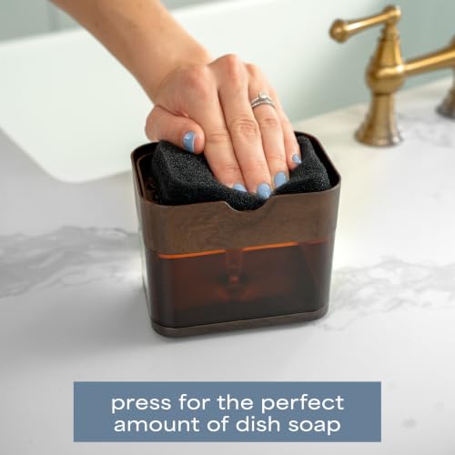 Image of S&T INC. Dish Soap Dispenser and Sponge Holder, Plastic Walnut and Amber