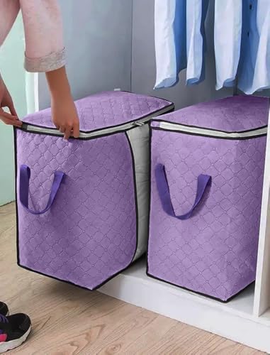 2-Pack Heavy-Duty Storage Bags with Zipper | Waterproof Moving & Travel Storage Organizers | Foldable Reinforced Handles for Clothes, Bedding,Blankets | Space-Saving,Horizontal Style,Purple