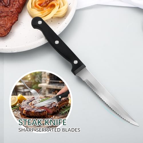 Image of 24-Piece Silver Silverware Set with Steak Knives Black Stainless Steel Flatware Set for 4 Food Grade Tableware Cutlery Set Rust-proof, Mirror Polished, Dishwasher Safe