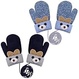 KASURE 2 Paar Baby Winter Handschuhe, Winter Warme Dicke Babyhandschuhe mit Fleece, Full Finger Glove Babyfäustlinge mit Schnur für 0-3 Jahre Jungen Mädchen(Blau und Marineblau)