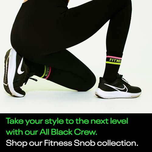 Image of Black Womens Neon Striped Crew Socks, Athletic Gym & Running Crew Socks for Women