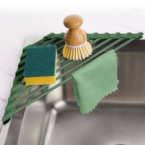 Tomorotec Compact Silicone-Coated Triangle Dish Drying Rack for Sink Corner - Foldable Stainless Steel Over-The-Sink Organizer and Storage Shelf (Army Green)