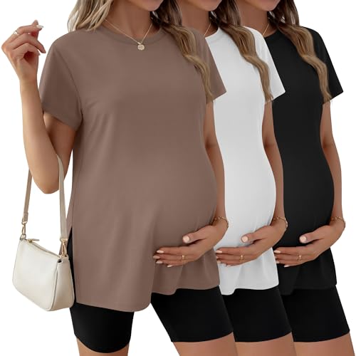 Image of Ficerd 3 Pack Women's Maternity T Shirts, Short Sleeve Side Split Pregnancy Tops Casual Crew Neck Pregnant Tees Mama Clothes