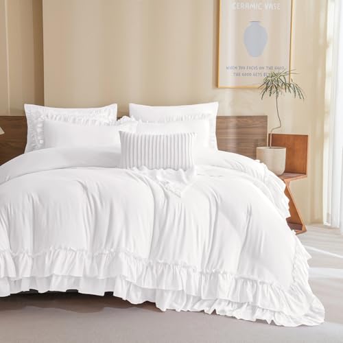 Image of QSH Natural White Comforter Full with Ruffles,3PCs Shabby Boho Chic Farmhouse Bedding Comforter Set Full Size (80 inchx90 inch) Soft Fluffy Microfiber Lightweight Vintage Bed Set with Pillow Shams