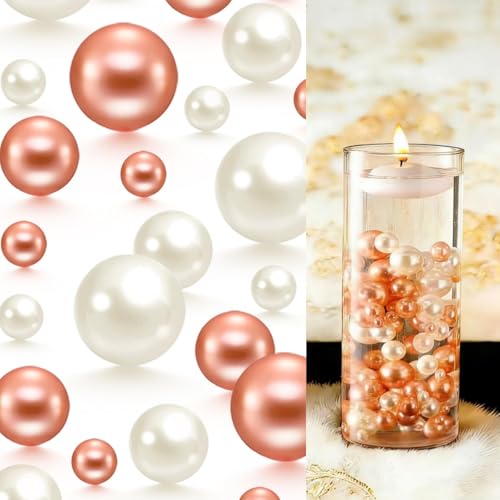 Qazcnd 10150 PCS Vase Filler No Hole Faux Floating Pearl Beads for Centerpieces Vases Decorations Wedding Party Home Table Centerpieces Decor (8/14/20mm) White Rosegold
