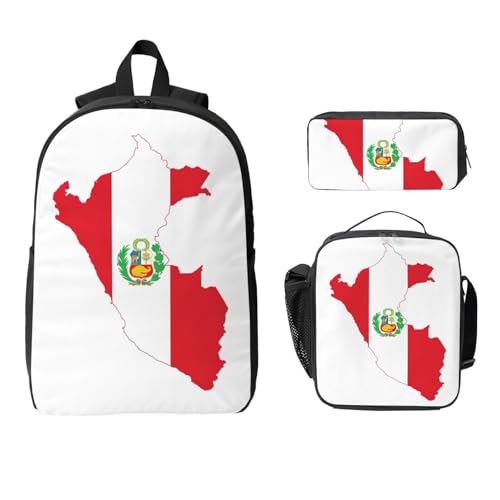 Peru Flag Map print Shoulder Bookbags Lunch Bag and Pen Case 17 inches Backpack with Lunch Box, Cute Bookbag Set2