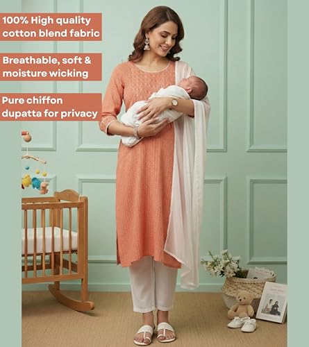 Image of DUMMY SHAPE Feeding Kurta Set for Women Cotton Blend | Floral Embroidered Pregnancy Kurta Pant Dupatta with Nursing Zippers | Pre & Post Partum | Maternity Dresses | Mom to Be Gifts