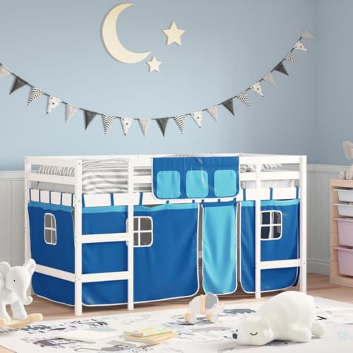 KLYEON Cama Alta para niños con Cortinas Madera Pino Azul 90x200 cm Camas y somieres