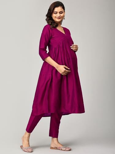 Image of The Mom Store Women's Raw Silk Maternity and Nursing Kurta Set | Front Zipper for Easy Feeding Pre and Post Pregnancy