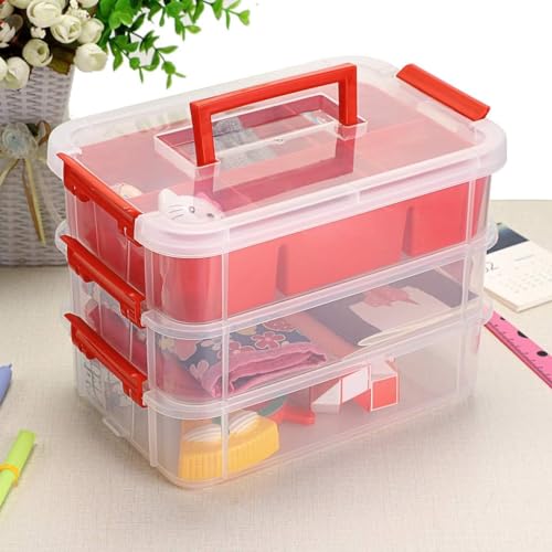 Image of plastic boxes for Storage transparent boxes for storage, Portable & Stackable Space Saving Organiser with Lid for Medicine, Jewelry, Arts & Crafts, Buttons, Beads (Red, 3 TIER WITH 1 TRAY)
