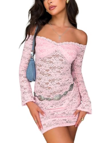 Sexy schulterfreies Damen-Spitzenkleid, langärmelig, durchsichtig, figurbetontes Minikleid, Y2K-Kleid, Geburtstag, Date, Nacht Outfit, Pink, Mittel