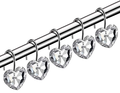 HBlife Shower Curtain Hooks, 12 PCS Anti Rust Decorative Crystal Rhinestones Hooks for Bathroom, Clear Heart