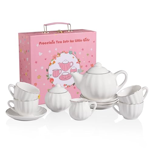 Sweejar Porcelain Toy Tea Sets British Royal Series Vintage Style Tea Set for Children Cups & Saucer Service for 4 with Teapot Sugar Bowl and Cream Pitcher(White)