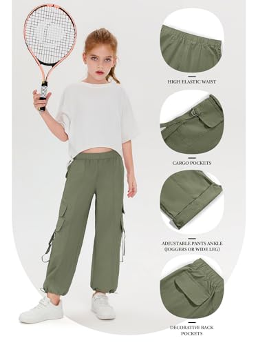 Image of Haloumoning Girls Parachute Pants Kids Wide Leg Cargo Pants Y2K Street Trousers with Pockets 5-14 Years