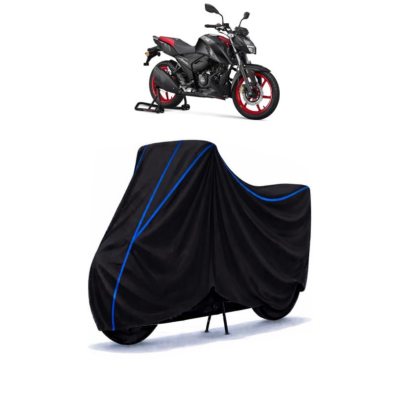 Image of TVS Apache RTR 125 BS6 Bike Cover Water Resistant Universal Motorcycle Rain | Heavy Duty UV Protection, Dust, Scratch Indoor Outdoor All Weather with Black Blue Piping Elastic