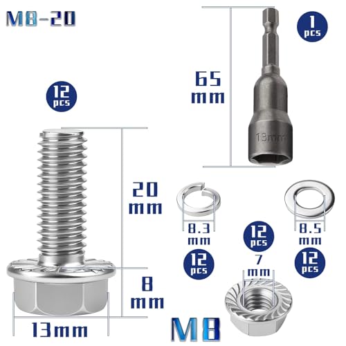 TXXATX 12 Stück M8x20mm Sechskantschrauben m6 Schrauben Set Edelstahl A2 70 Vollgewinde Außensechskan Flanschmuttern Federringe Unterlegscheiben Magnete Sechskant Stecknuss für Bauwesen Maschinen