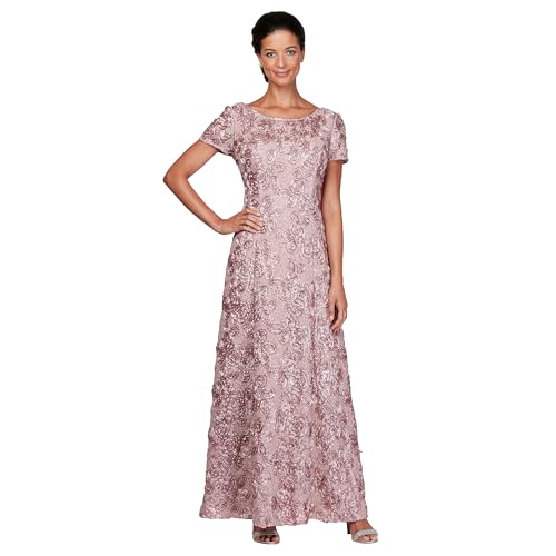 Image of Alex Evenings Women's Long Rosette Mother of The Bride Dress with Short Sleeves