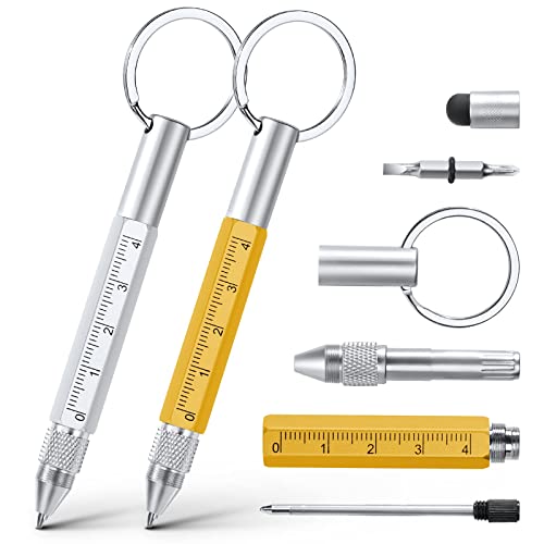 Multi Tool Pen,6-in-1 Multitools for Men Gadgets Dad Grandad Gifts Ball Pen Touch Screen Pens, Ruler, Keychain, Slotted and Star Screwdriver Gifts (yellow+silver)