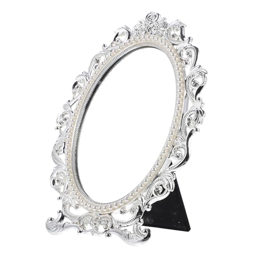 HOMOCONO Retro 7-inch Silver Standing Makeup Mirror with Pearl Detail