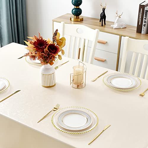 Romanstile Vinyl Tablecloth Rectangle, 100% Waterproof Outdoor Heavy Duty Table Cloth with Flannel Backing, Wipeable Washable Plastic PU Table Cover for Spring, Easter, Party (Flower Beige, 60 x 84)