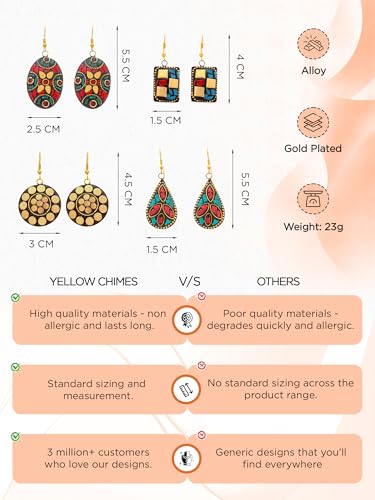Yellow Chimes Drop Earrings For Women | Traditional Women Earrings Sets | Ethnic Combo Set Tibetan Laac Drop Earrings For Girls Accessories Jewellery | Birthday Anniversary Gift for Girls Women